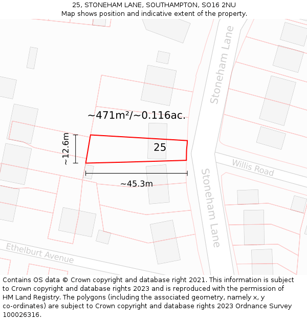 25, STONEHAM LANE, SOUTHAMPTON, SO16 2NU: Plot and title map