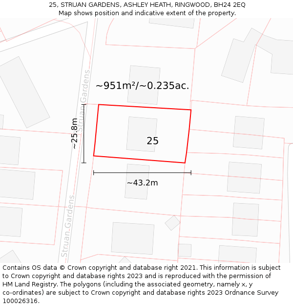 25, STRUAN GARDENS, ASHLEY HEATH, RINGWOOD, BH24 2EQ: Plot and title map