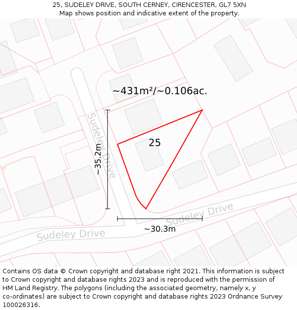 25, SUDELEY DRIVE, SOUTH CERNEY, CIRENCESTER, GL7 5XN: Plot and title map