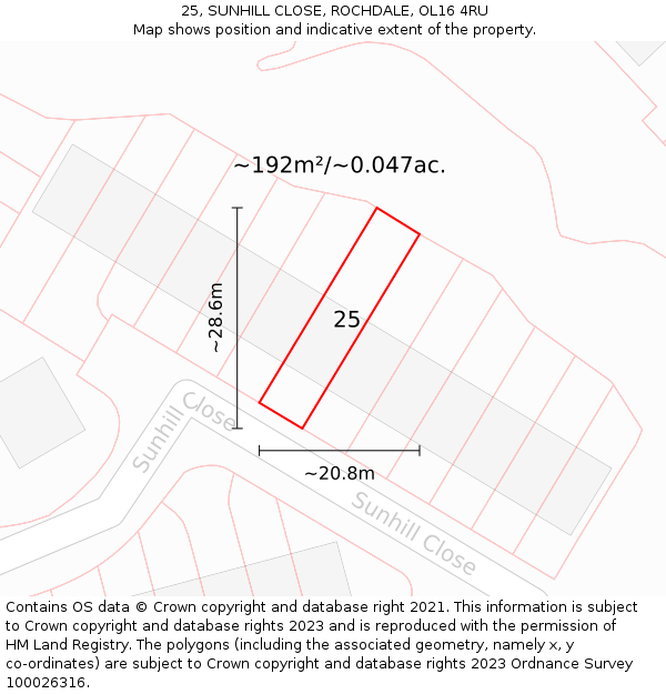 25, SUNHILL CLOSE, ROCHDALE, OL16 4RU: Plot and title map