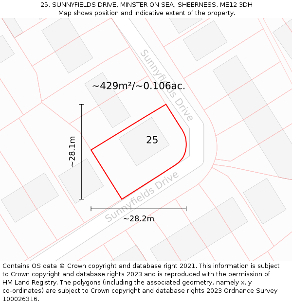 25, SUNNYFIELDS DRIVE, MINSTER ON SEA, SHEERNESS, ME12 3DH: Plot and title map