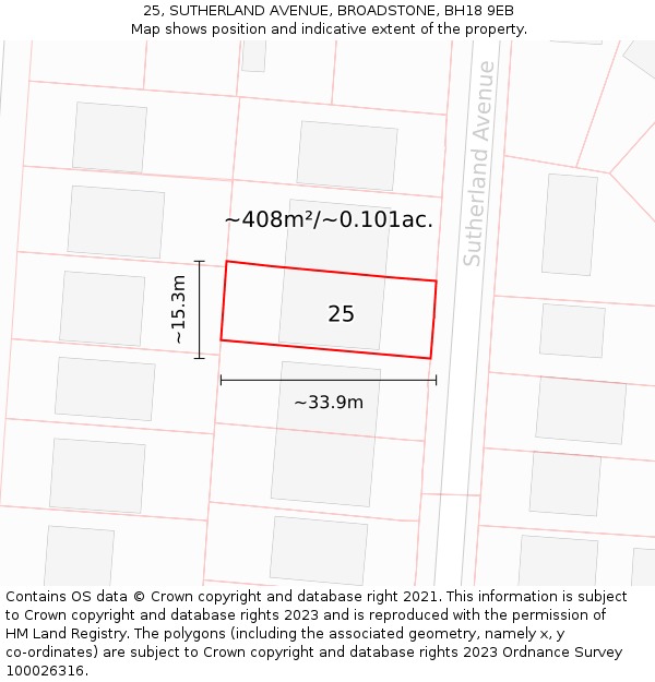 25, SUTHERLAND AVENUE, BROADSTONE, BH18 9EB: Plot and title map