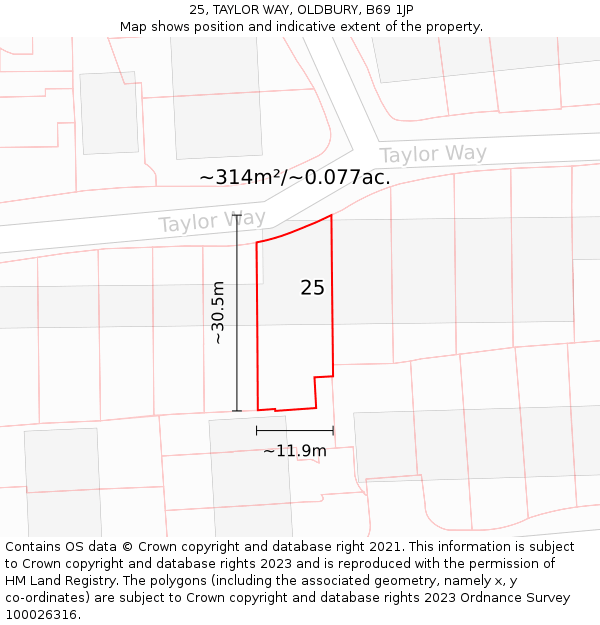 25, TAYLOR WAY, OLDBURY, B69 1JP: Plot and title map