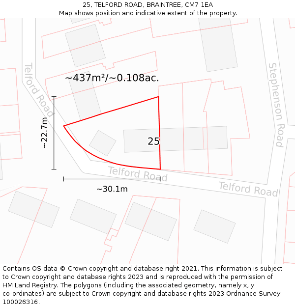 25, TELFORD ROAD, BRAINTREE, CM7 1EA: Plot and title map