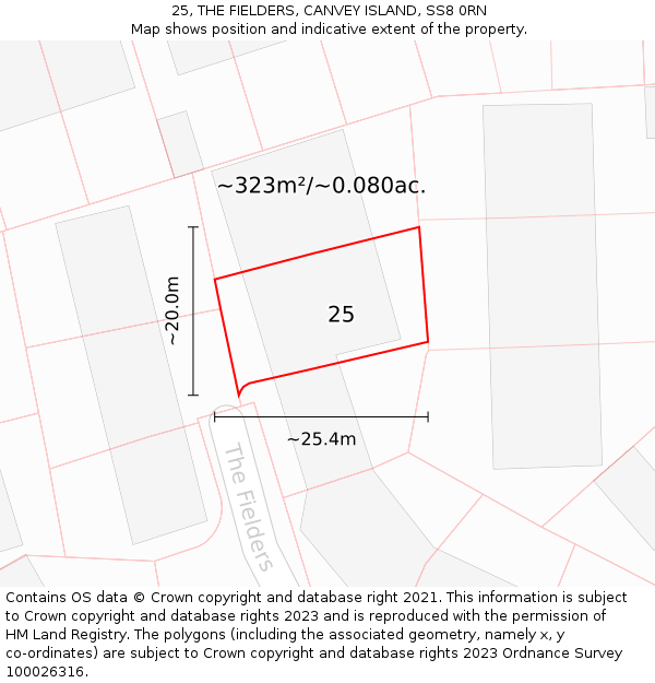 25, THE FIELDERS, CANVEY ISLAND, SS8 0RN: Plot and title map