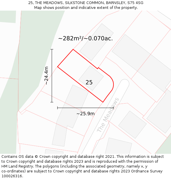 25, THE MEADOWS, SILKSTONE COMMON, BARNSLEY, S75 4SG: Plot and title map