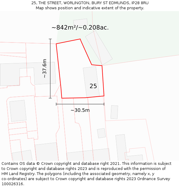 25, THE STREET, WORLINGTON, BURY ST EDMUNDS, IP28 8RU: Plot and title map