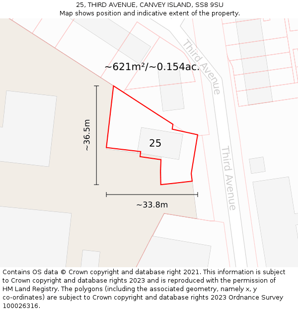 25, THIRD AVENUE, CANVEY ISLAND, SS8 9SU: Plot and title map
