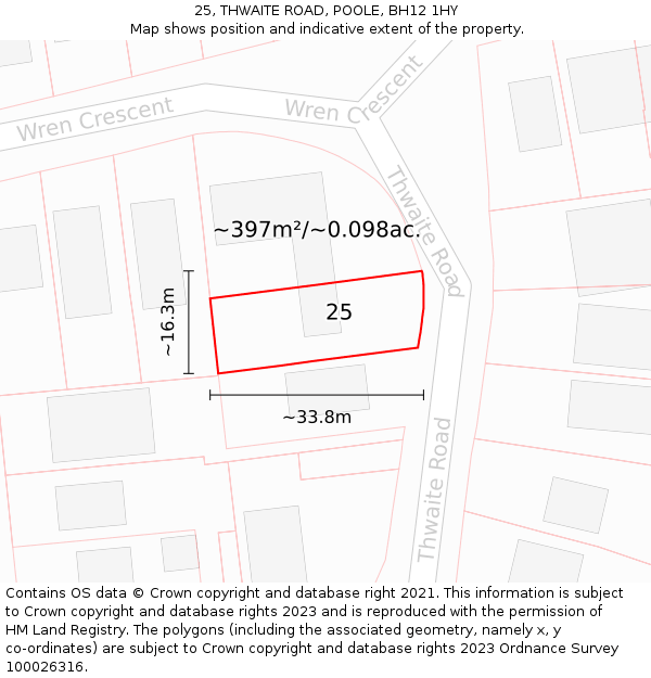 25, THWAITE ROAD, POOLE, BH12 1HY: Plot and title map