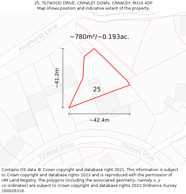 25, TILTWOOD DRIVE, CRAWLEY DOWN, CRAWLEY, RH10 4DP: Plot and title map