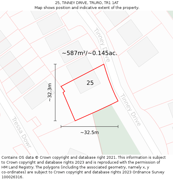 25, TINNEY DRIVE, TRURO, TR1 1AT: Plot and title map