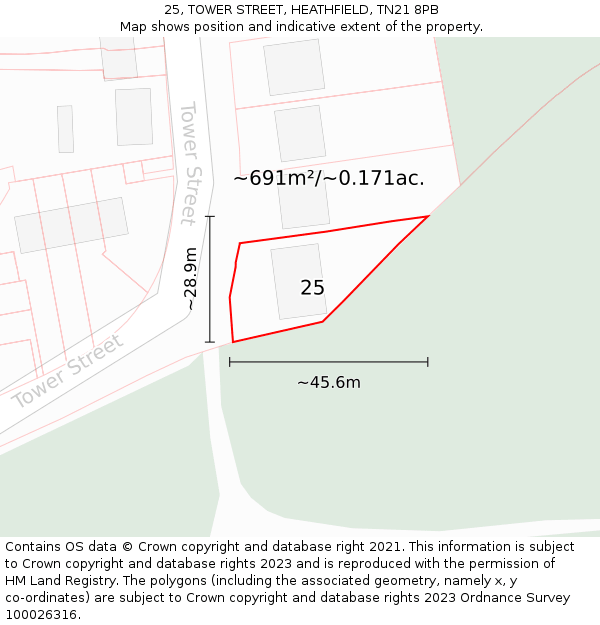 25, TOWER STREET, HEATHFIELD, TN21 8PB: Plot and title map