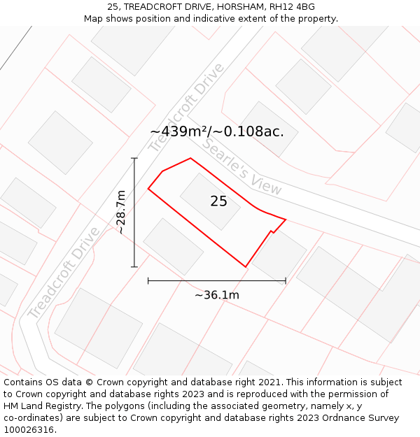 25, TREADCROFT DRIVE, HORSHAM, RH12 4BG: Plot and title map