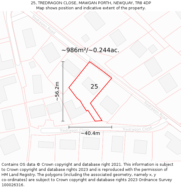 25, TREDRAGON CLOSE, MAWGAN PORTH, NEWQUAY, TR8 4DP: Plot and title map
