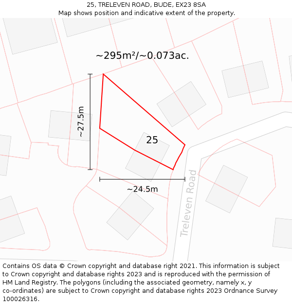 25, TRELEVEN ROAD, BUDE, EX23 8SA: Plot and title map