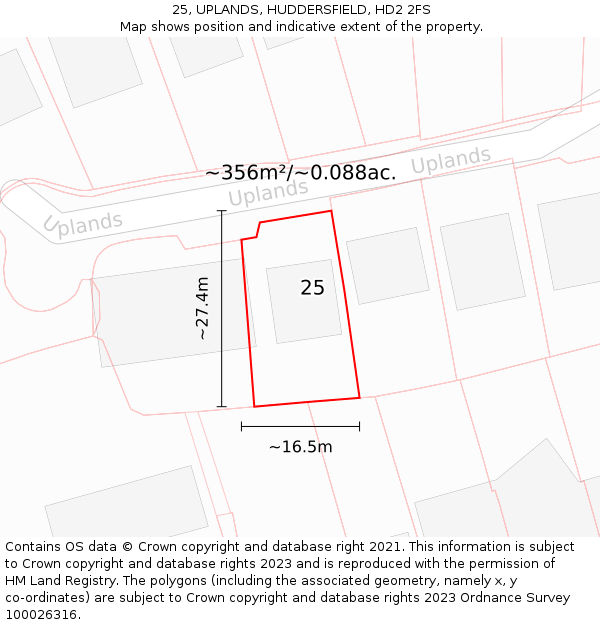 25, UPLANDS, HUDDERSFIELD, HD2 2FS: Plot and title map