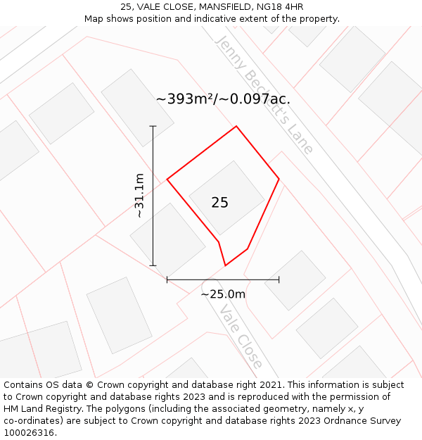 25, VALE CLOSE, MANSFIELD, NG18 4HR: Plot and title map