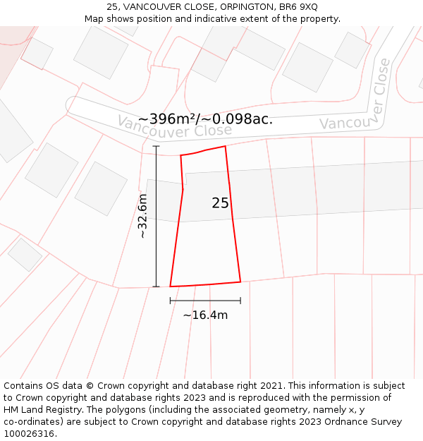 25, VANCOUVER CLOSE, ORPINGTON, BR6 9XQ: Plot and title map