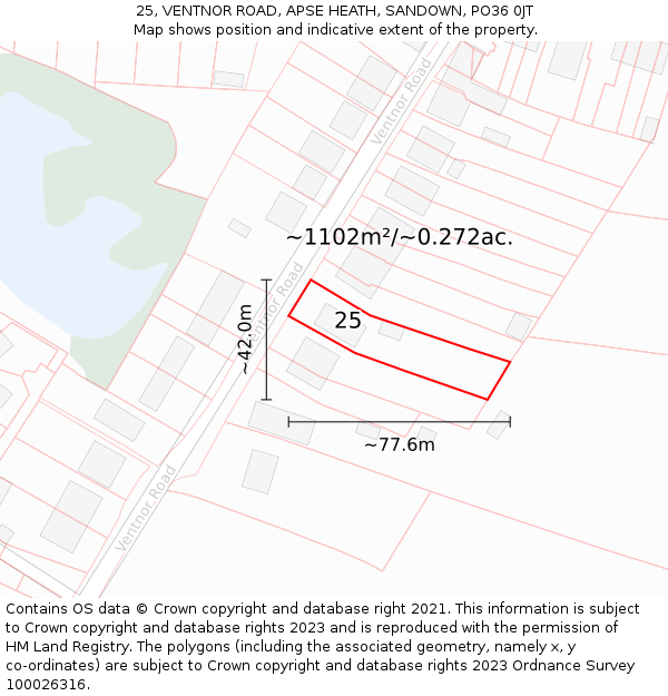 25, VENTNOR ROAD, APSE HEATH, SANDOWN, PO36 0JT: Plot and title map