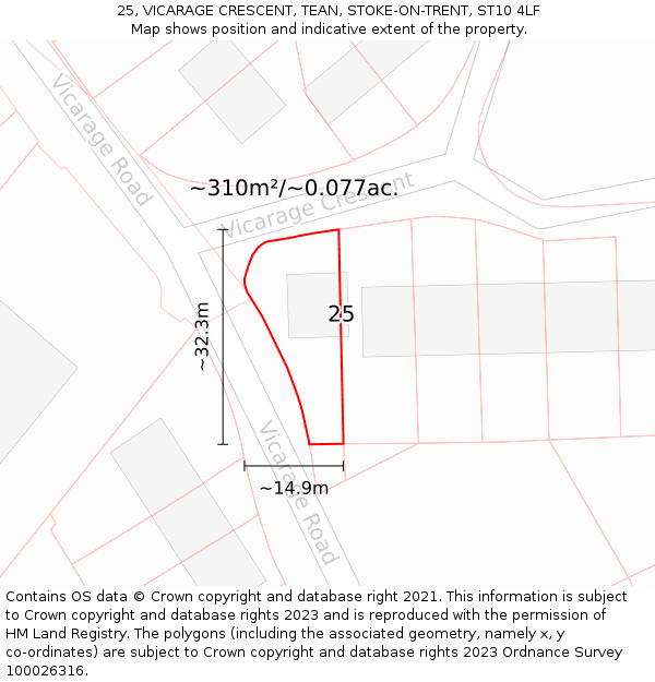 25, VICARAGE CRESCENT, TEAN, STOKE-ON-TRENT, ST10 4LF: Plot and title map