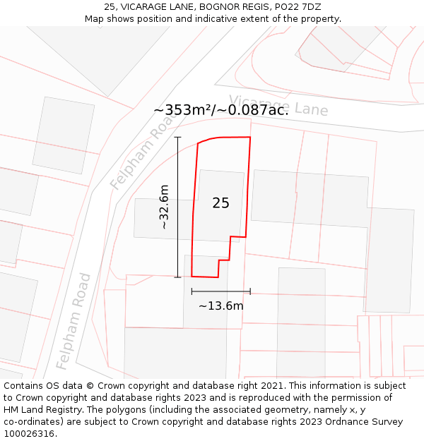 25, VICARAGE LANE, BOGNOR REGIS, PO22 7DZ: Plot and title map