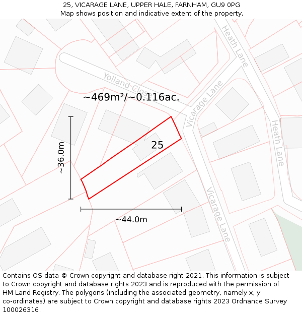 25, VICARAGE LANE, UPPER HALE, FARNHAM, GU9 0PG: Plot and title map