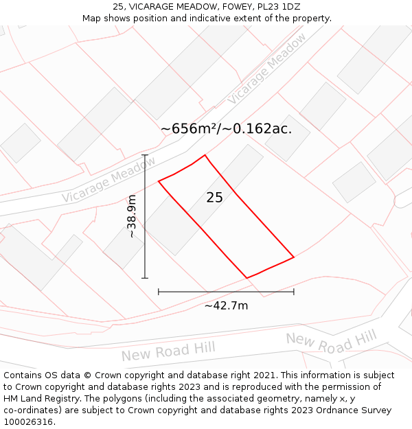 25, VICARAGE MEADOW, FOWEY, PL23 1DZ: Plot and title map