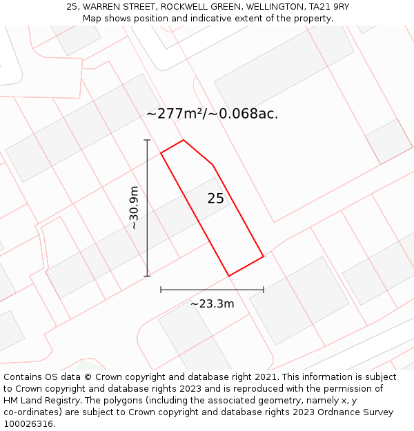 25, WARREN STREET, ROCKWELL GREEN, WELLINGTON, TA21 9RY: Plot and title map