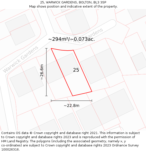 25, WARWICK GARDENS, BOLTON, BL3 3SP: Plot and title map