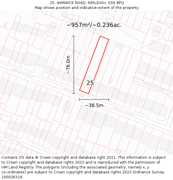 25, WARWICK ROAD, RAYLEIGH, SS6 8PQ: Plot and title map