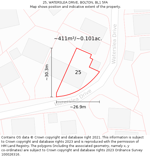 25, WATERSLEA DRIVE, BOLTON, BL1 5FA: Plot and title map