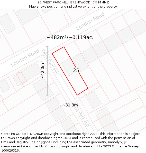 25, WEST PARK HILL, BRENTWOOD, CM14 4NZ: Plot and title map