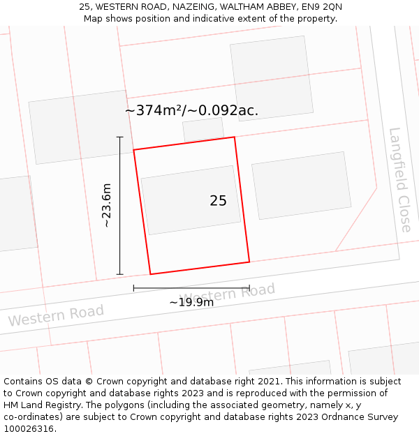 25, WESTERN ROAD, NAZEING, WALTHAM ABBEY, EN9 2QN: Plot and title map