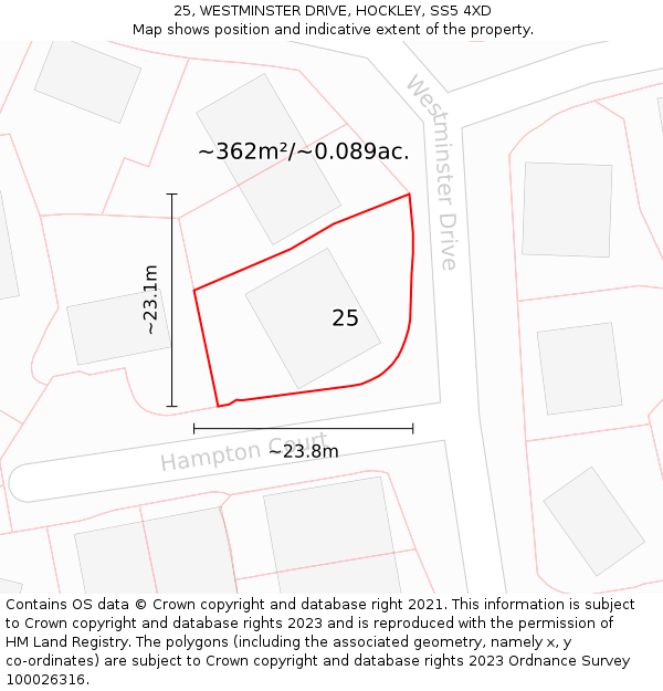 25, WESTMINSTER DRIVE, HOCKLEY, SS5 4XD: Plot and title map