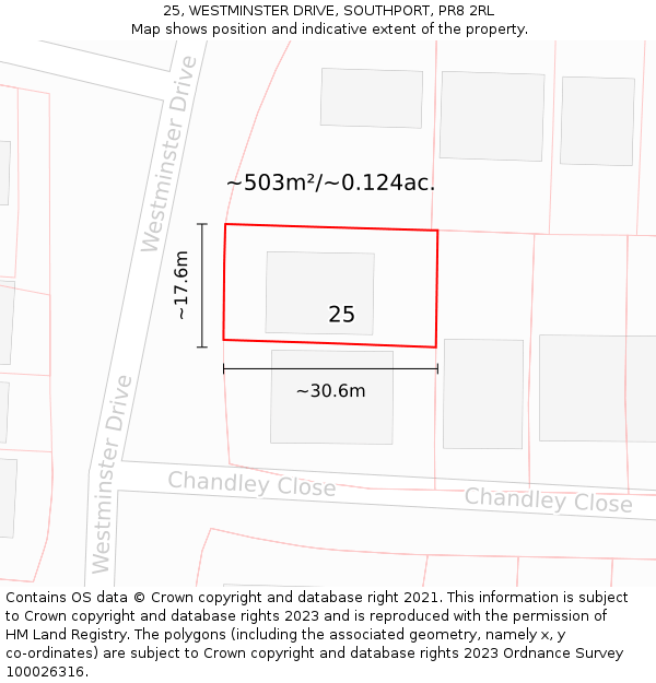 25, WESTMINSTER DRIVE, SOUTHPORT, PR8 2RL: Plot and title map