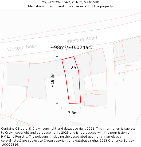 25, WESTON ROAD, OLNEY, MK46 5BD: Plot and title map