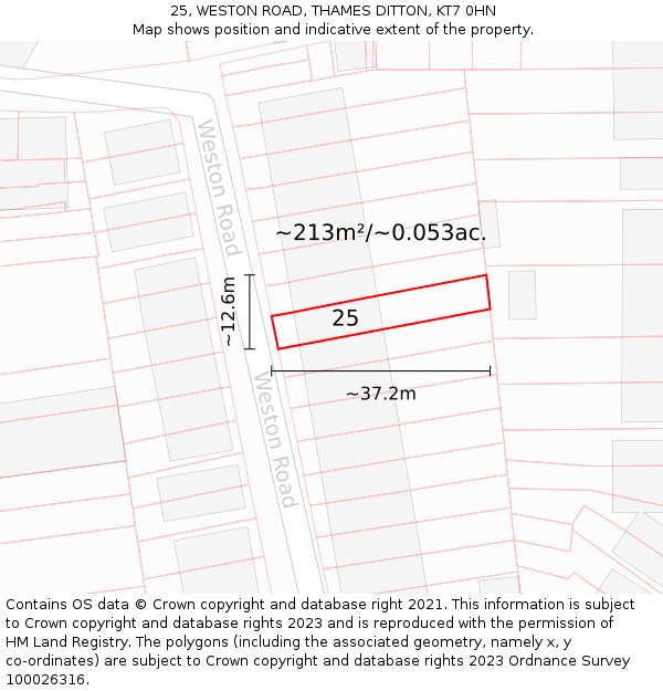 25, WESTON ROAD, THAMES DITTON, KT7 0HN: Plot and title map