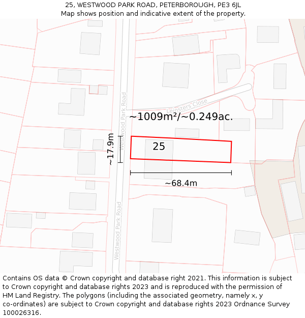 25, WESTWOOD PARK ROAD, PETERBOROUGH, PE3 6JL: Plot and title map