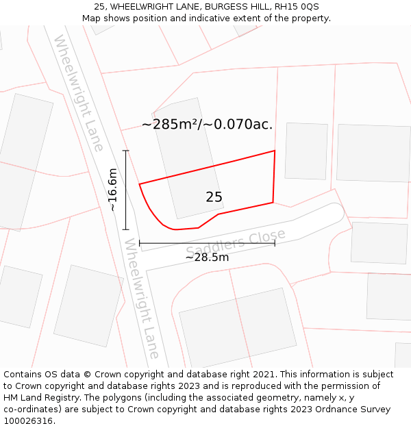 25, WHEELWRIGHT LANE, BURGESS HILL, RH15 0QS: Plot and title map