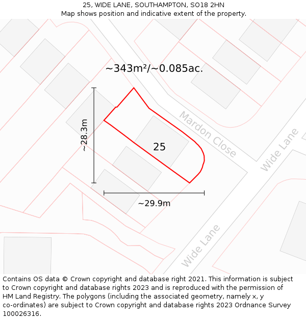 25, WIDE LANE, SOUTHAMPTON, SO18 2HN: Plot and title map