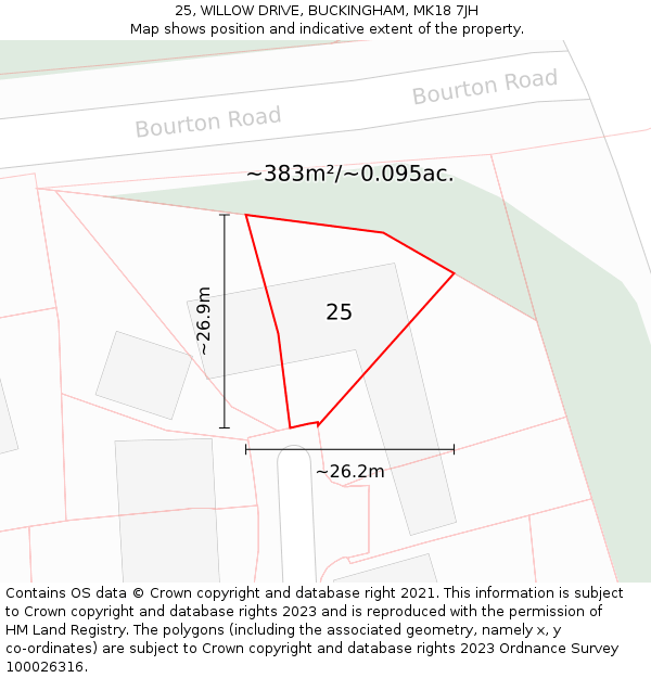 25, WILLOW DRIVE, BUCKINGHAM, MK18 7JH: Plot and title map