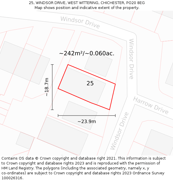 25, WINDSOR DRIVE, WEST WITTERING, CHICHESTER, PO20 8EG: Plot and title map