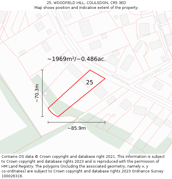 25, WOODFIELD HILL, COULSDON, CR5 3ED: Plot and title map