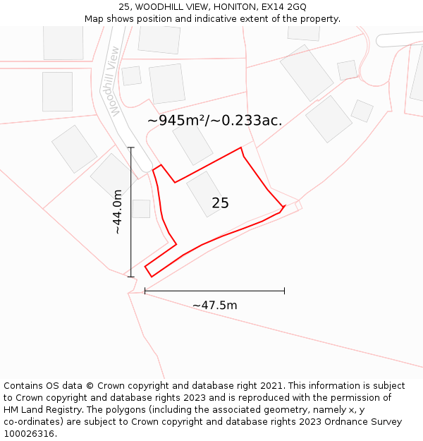 25, WOODHILL VIEW, HONITON, EX14 2GQ: Plot and title map