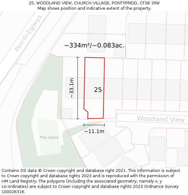 25, WOODLAND VIEW, CHURCH VILLAGE, PONTYPRIDD, CF38 1RW: Plot and title map