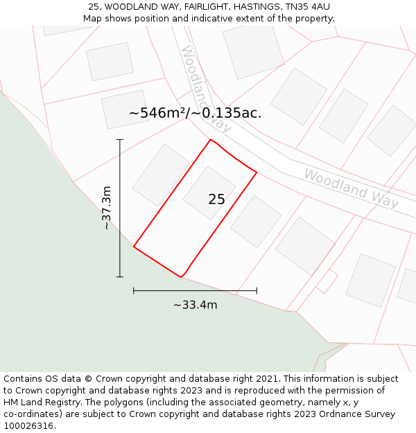25, WOODLAND WAY, FAIRLIGHT, HASTINGS, TN35 4AU: Plot and title map