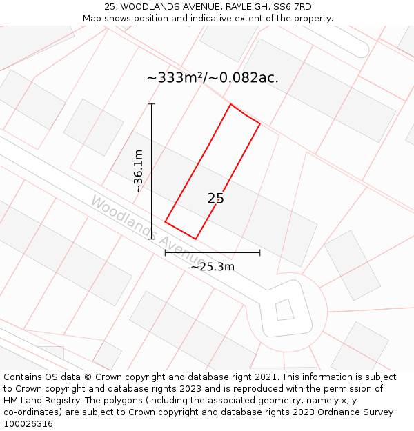 25, WOODLANDS AVENUE, RAYLEIGH, SS6 7RD: Plot and title map