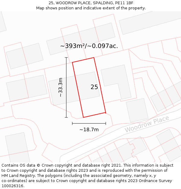 25, WOODROW PLACE, SPALDING, PE11 1BF: Plot and title map