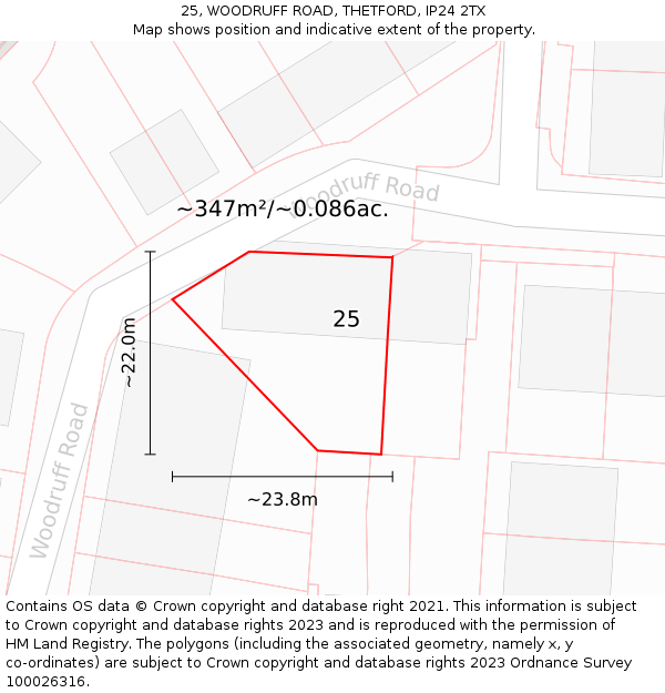 25, WOODRUFF ROAD, THETFORD, IP24 2TX: Plot and title map