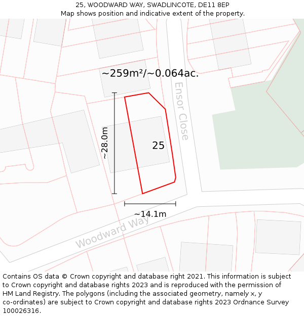 25, WOODWARD WAY, SWADLINCOTE, DE11 8EP: Plot and title map